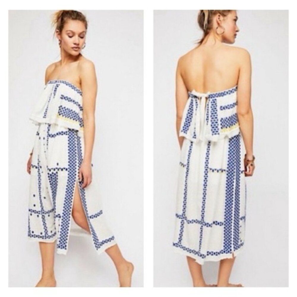 Free People White Strapless Maxi Dress with Blue Geo Print